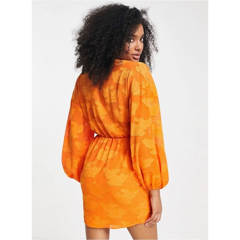 Orange Floral Wrap Tie Dress - Picture 2 of 7